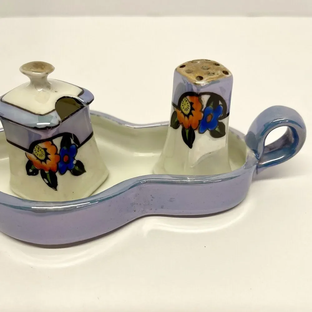 Mini Vintage Noritake Japan Luster Condiment Set Salt Pepper Mustard on Tray